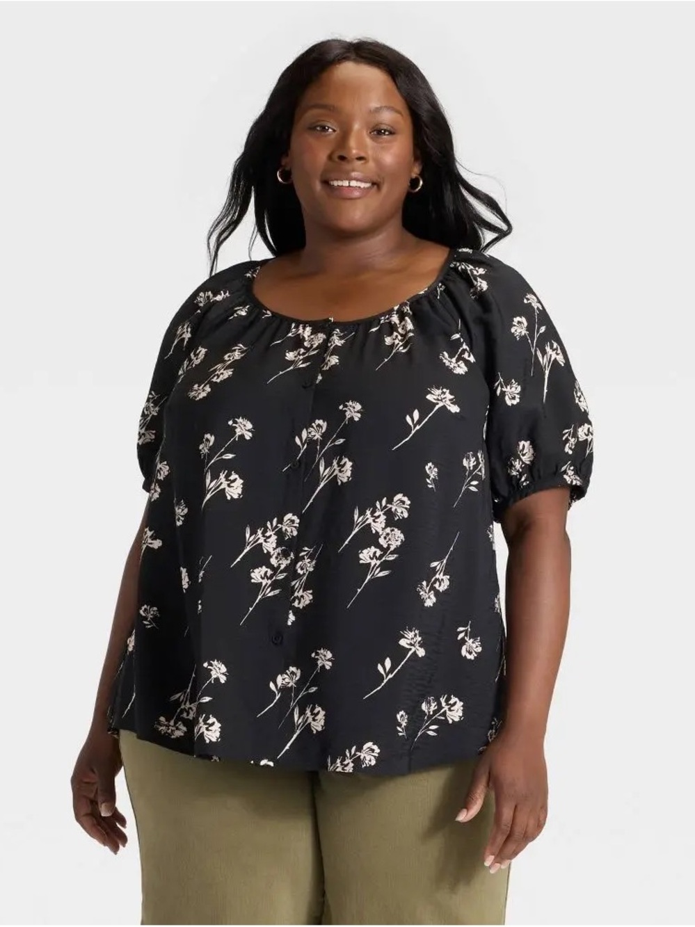 Ava & Viv Black Puff-Sleeve Floral Blouse